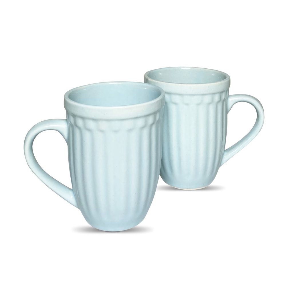 Ceramic Dining Matte Sky Blue Linear Coffee Mugs Set of 2