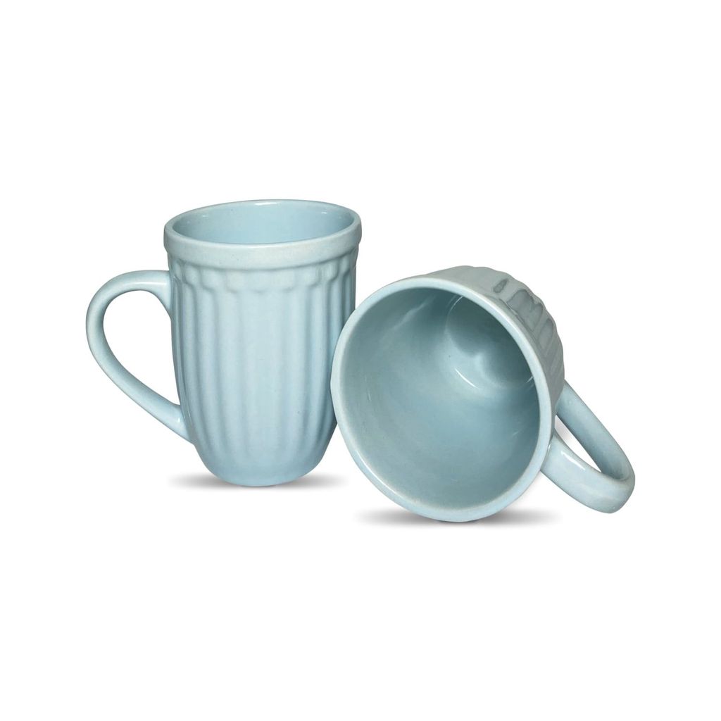 Ceramic Dining Matte Sky Blue Linear Coffee Mugs Set of 2