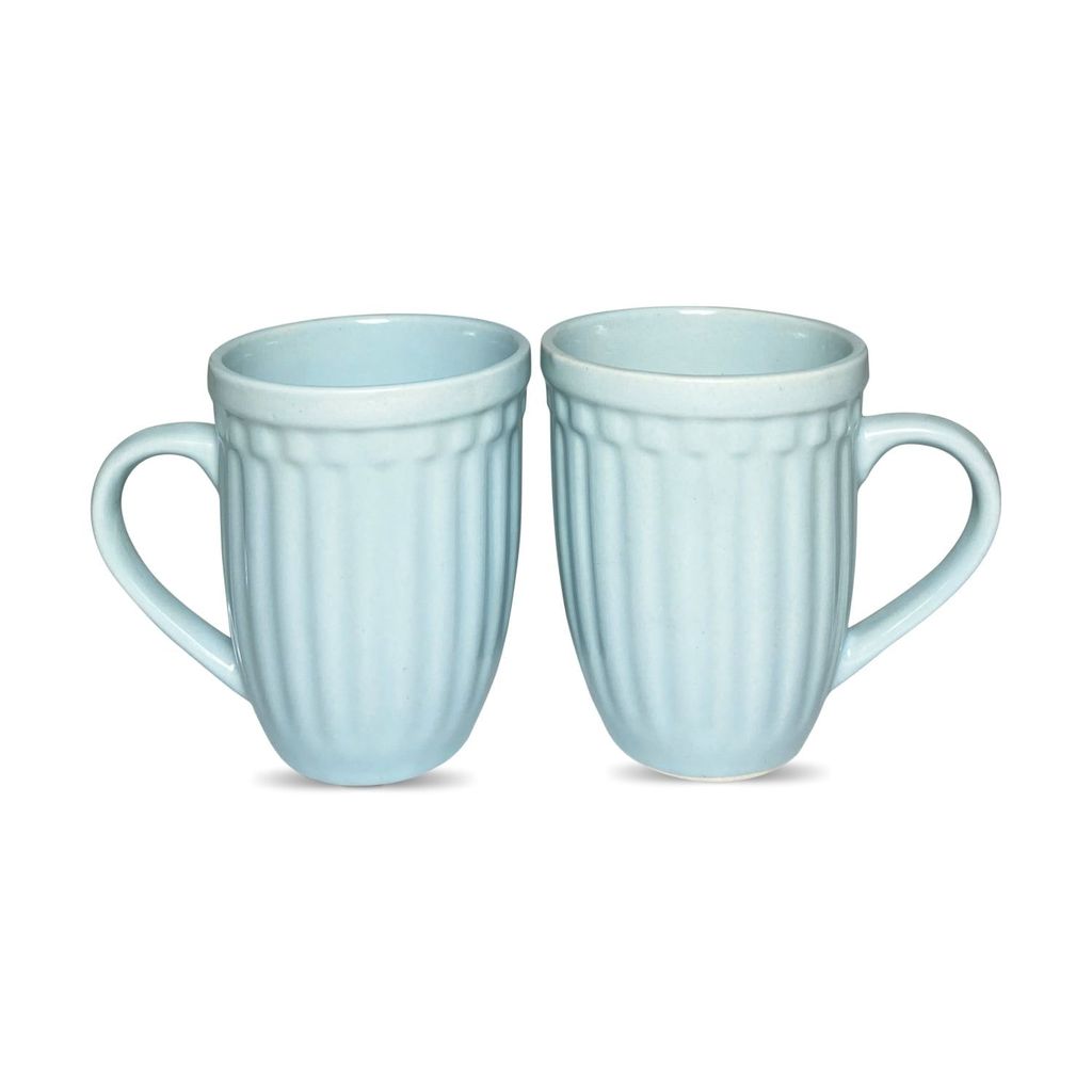 Ceramic Dining Matte Sky Blue Linear Coffee Mugs Set of 2