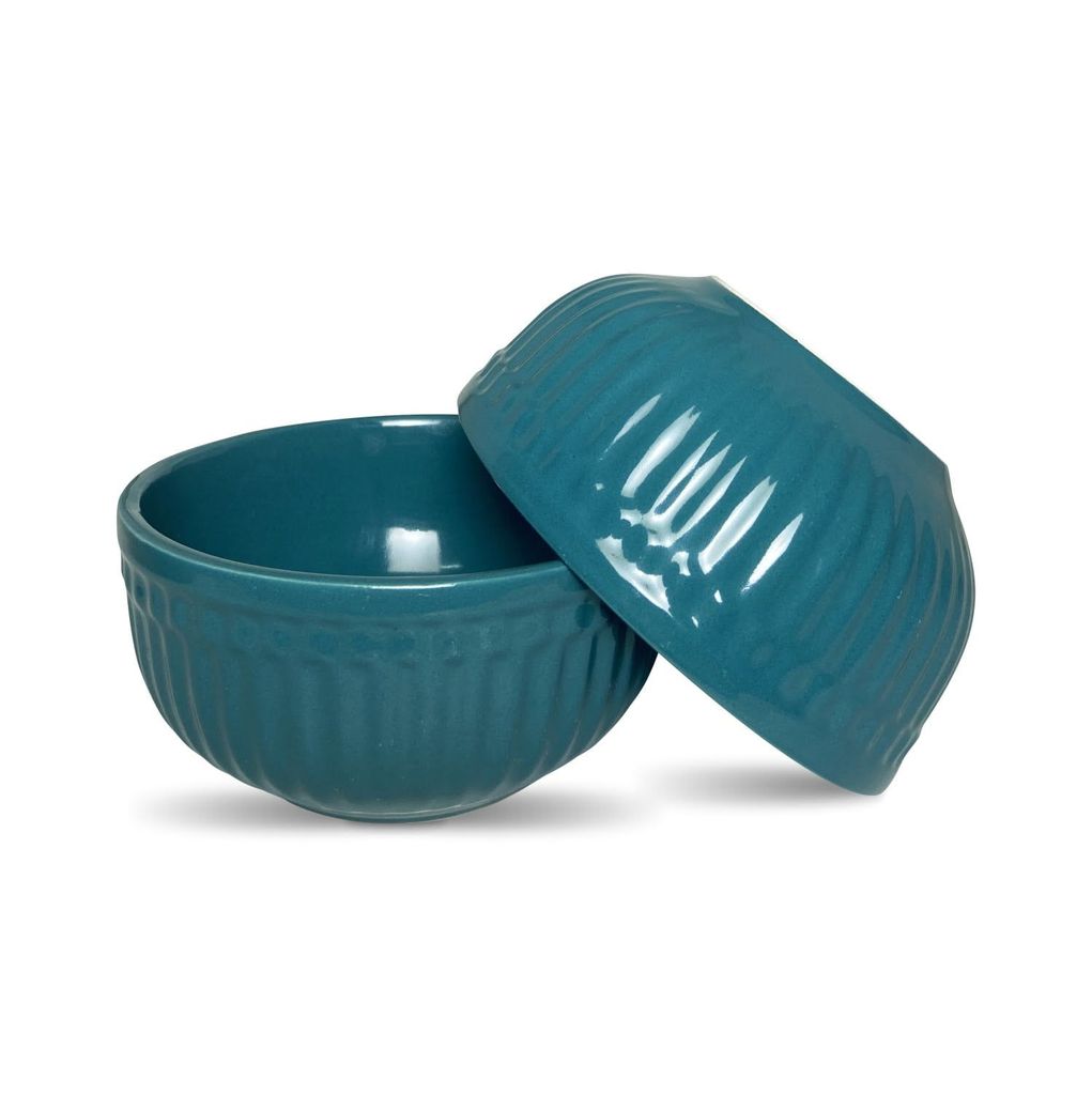 Ceramic Dining Peacock Green Linear Ceramic Soup Cereal Bowls Set of 2