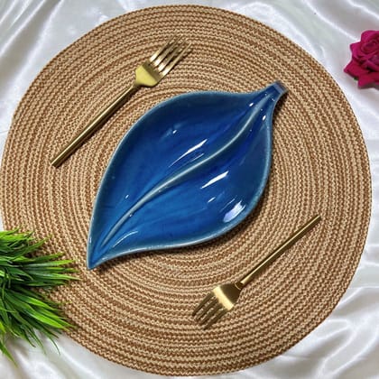 Ceramic Dining Studio Collection Navy Blue Leaf Shaped Ceramic Serving Platter