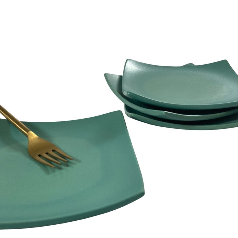Ceramic Dining Matte Eurasian Teal Green Square Ceramic Quarter Plates- Set of 4