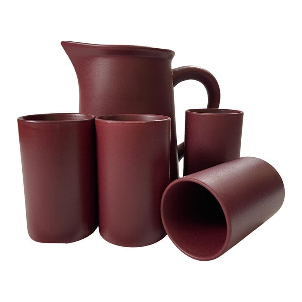 Ceramic Dining Matte Maroon Ceramic Glasses With Jug Set of 5