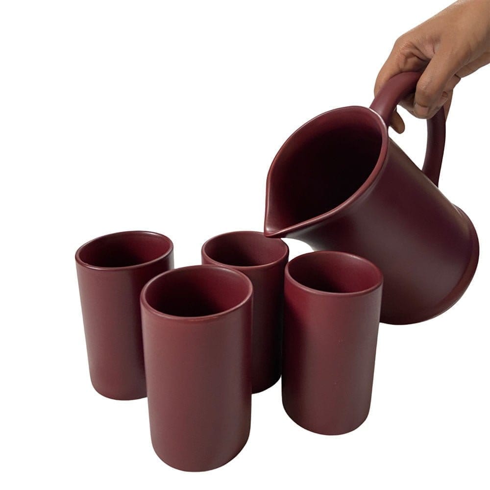 Ceramic Dining Matte Maroon Ceramic Glasses With Jug Set of 5