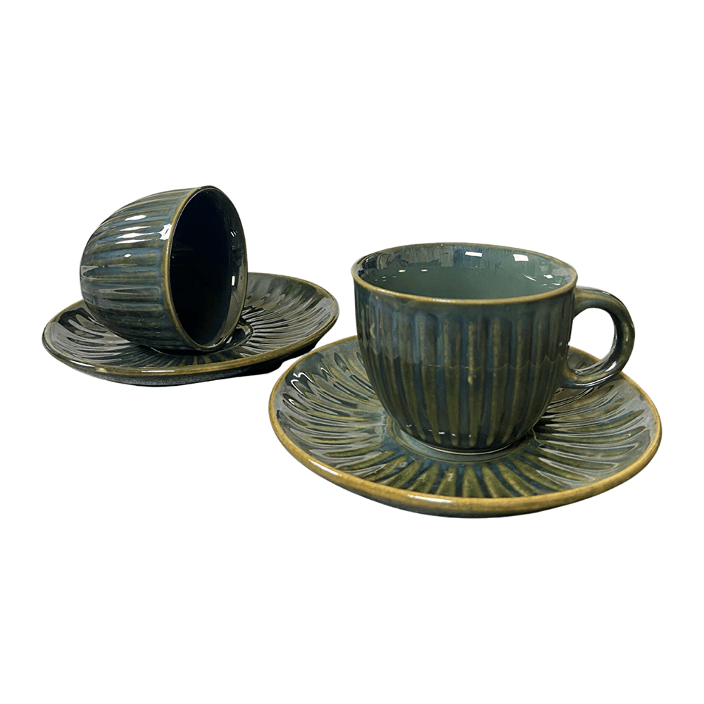 Ceramic Dining Chic Emerald Green Tea cups with Saucers Set of 6