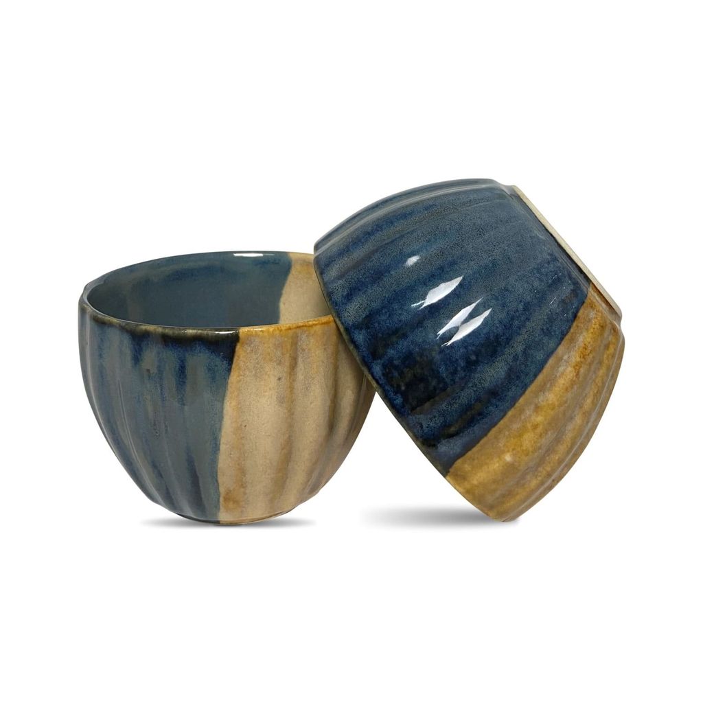 Ceramic Dining Studio Collection Half-Cut Blue and Brown Tulip Shaped Glazed Dinner Bowls Set of 2
