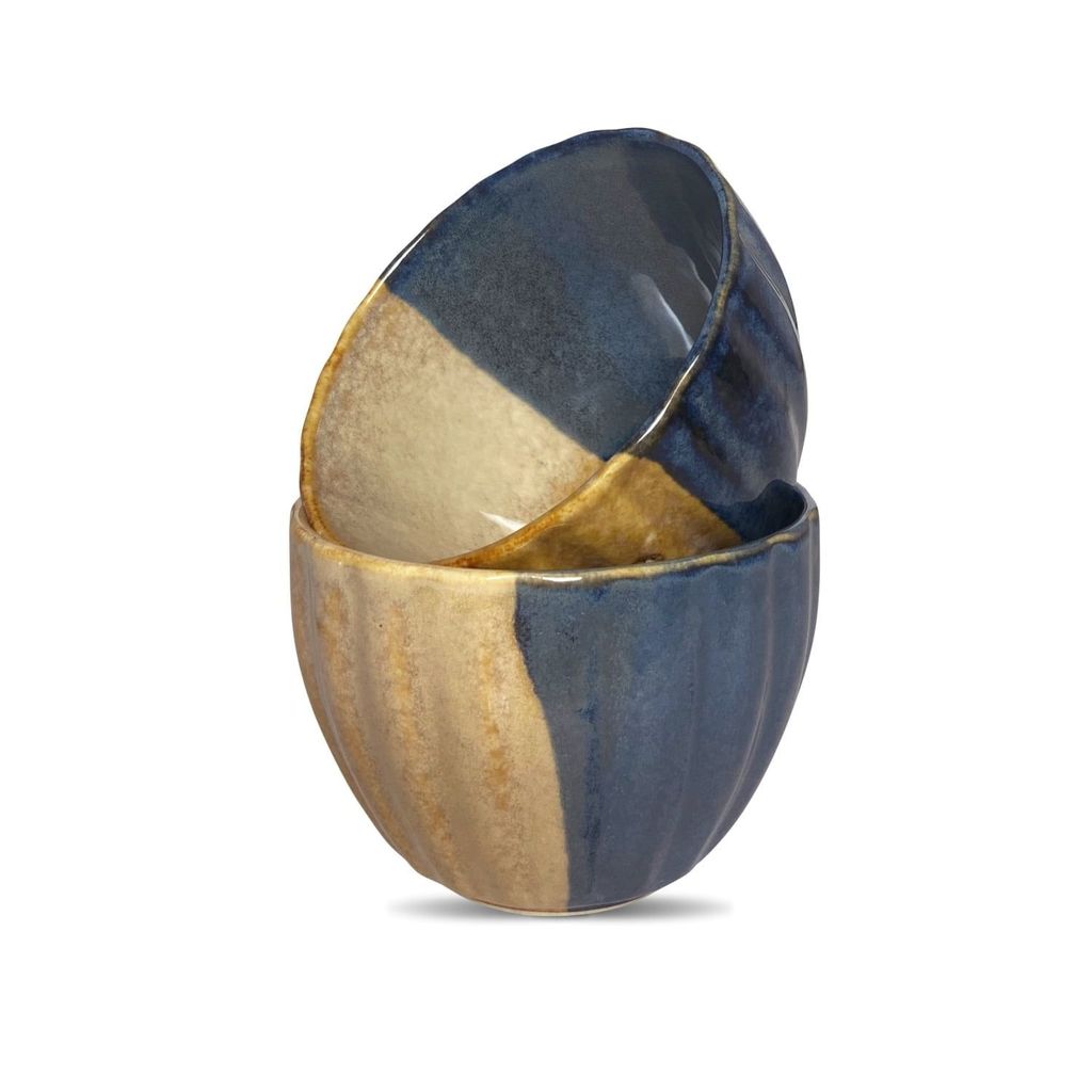 Ceramic Dining Studio Collection Half-Cut Blue and Brown Tulip Shaped Glazed Dinner Bowls Set of 2