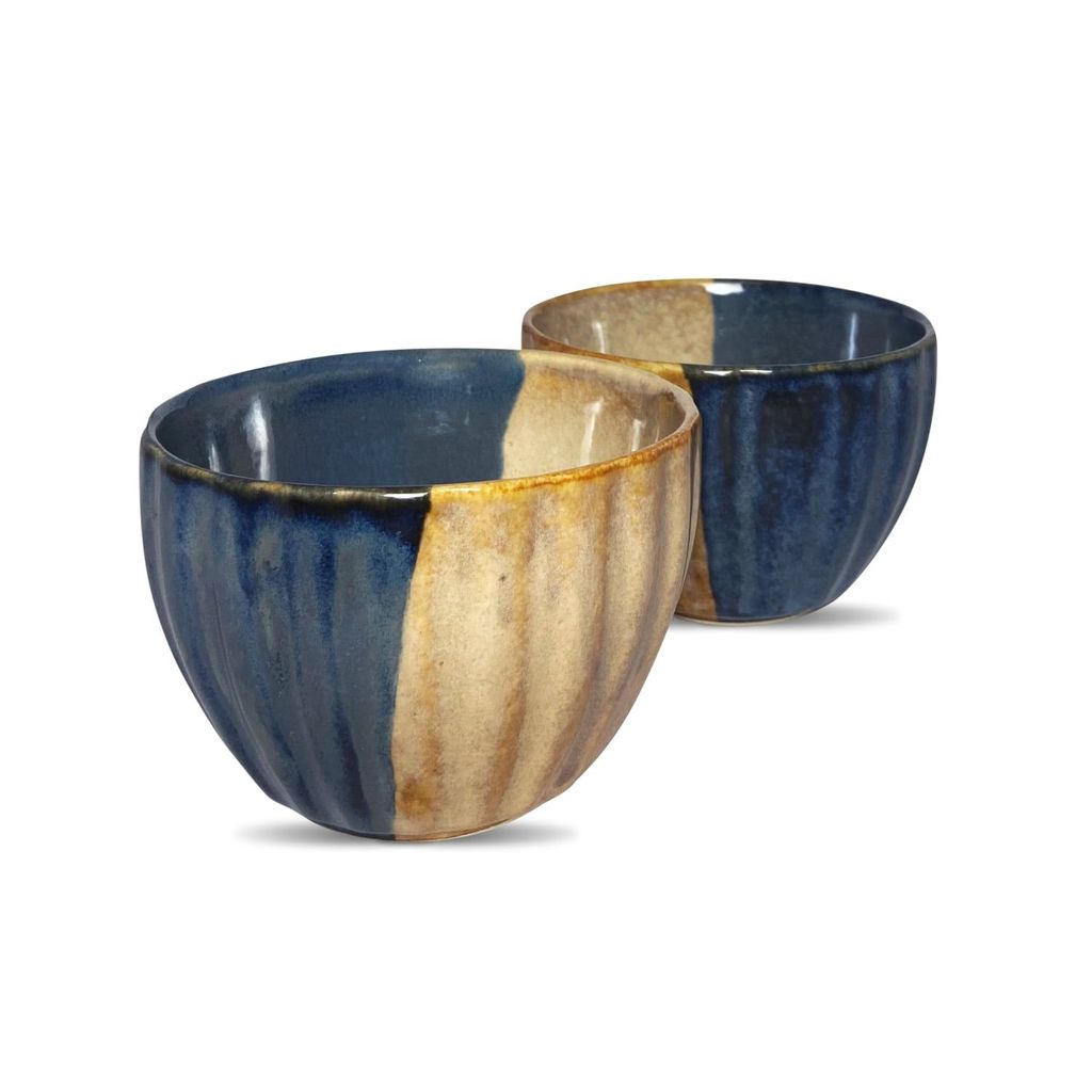 Ceramic Dining Studio Collection Half-Cut Blue and Brown Tulip Shaped Glazed Dinner Bowls Set of 2