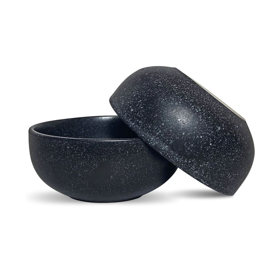 Ceramic Dining Studio Collection- Matte Black with Droplets Ceramic Dinner Plates Quarter Plates Serving Bowl and Dinner Bowls- Set of 7