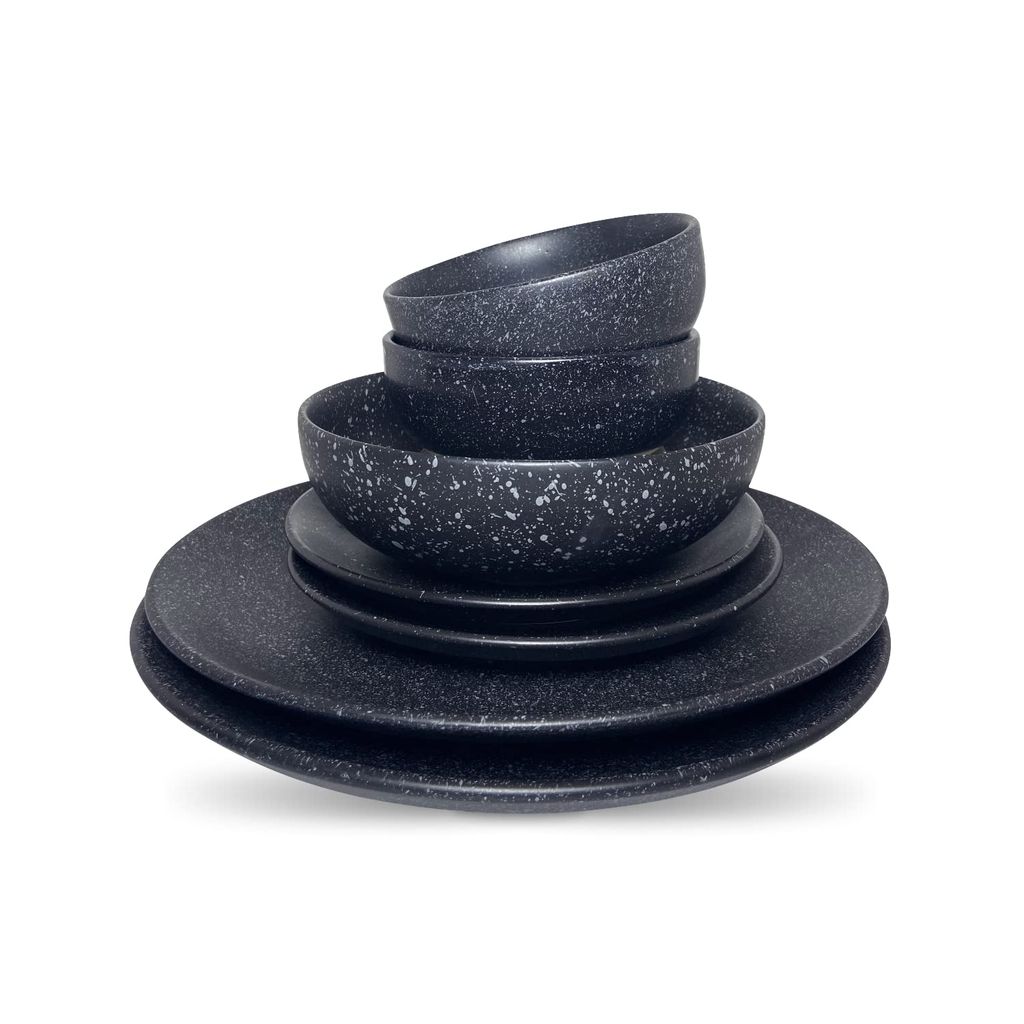 Ceramic Dining Studio Collection- Matte Black with Droplets Ceramic Dinner Plates Quarter Plates Serving Bowl and Dinner Bowls- Set of 7