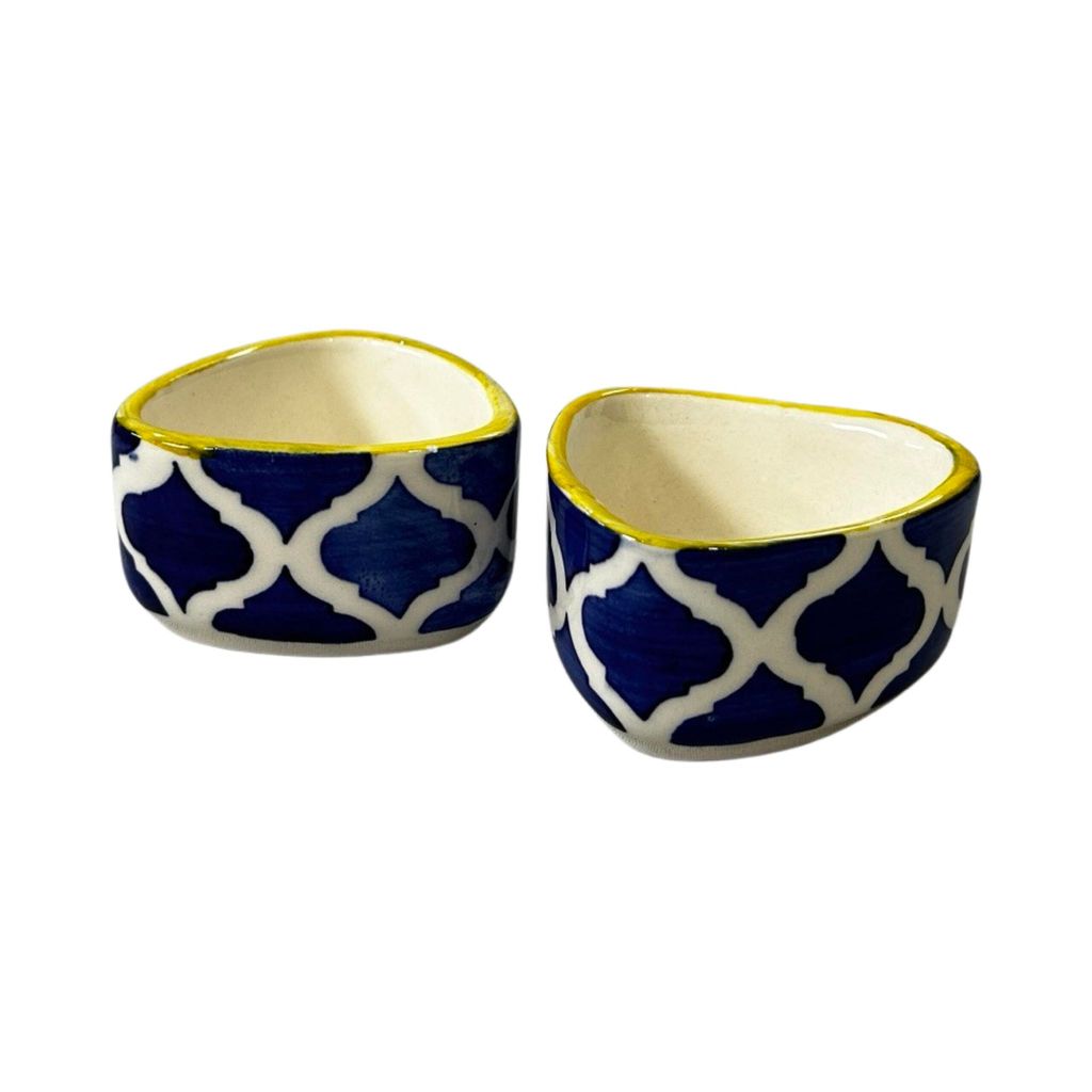 Ceramic Dining Yellow Blue Moroccan Triangle Ceramic 70ml Dip Bowls Set of 2 || Ketchup Bowls || Sauce Bowls || Chutney Bowls