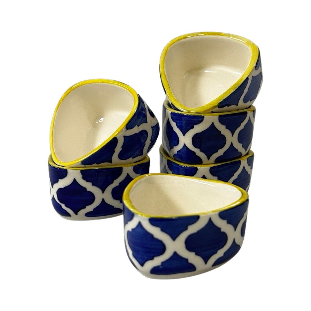 Ceramic Dining Yellow Blue Moroccan Triangle Ceramic 70ml Dip Bowls Set of 6 || Ketchup Bowls || Sauce Bowls || Chutney Bowls