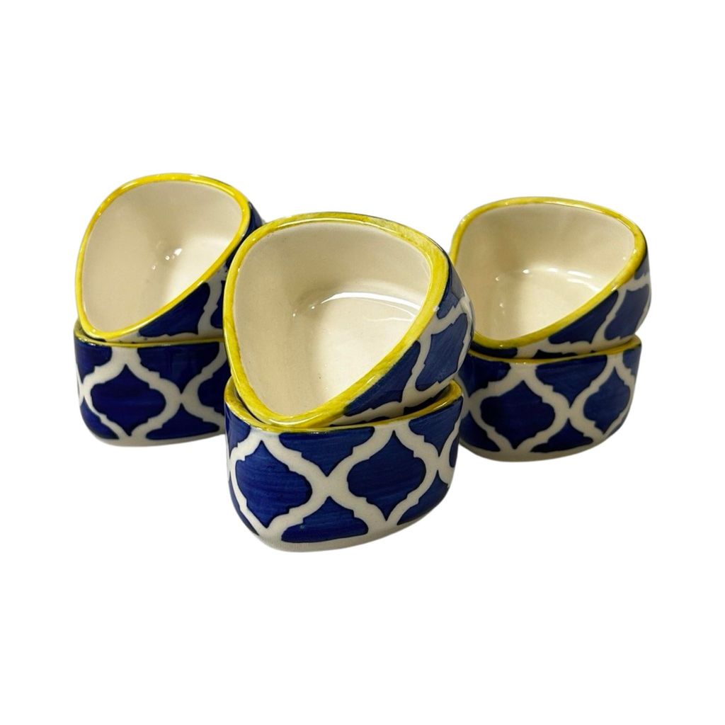 Ceramic Dining Yellow Blue Moroccan Triangle Ceramic 70ml Dip Bowls Set of 6 || Ketchup Bowls || Sauce Bowls || Chutney Bowls