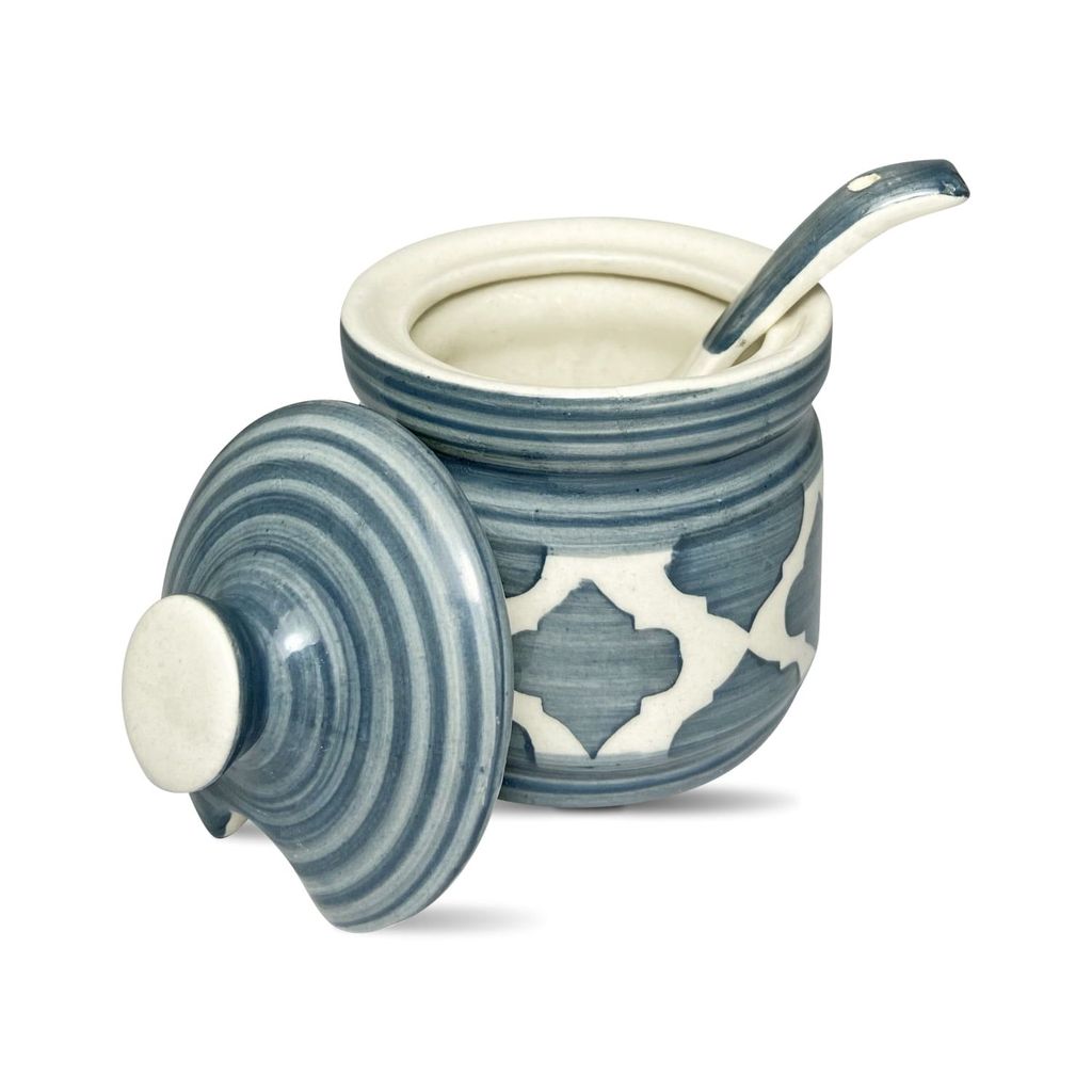 Ceramic Dining Moroccan Grey Two Pickle Ceramic Jars With Tray & Spoons