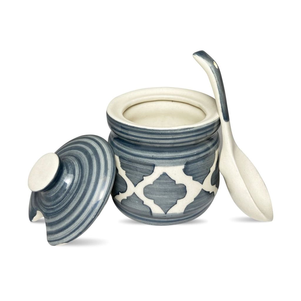 Ceramic Dining Moroccan Grey Two Pickle Ceramic Jars With Tray & Spoons