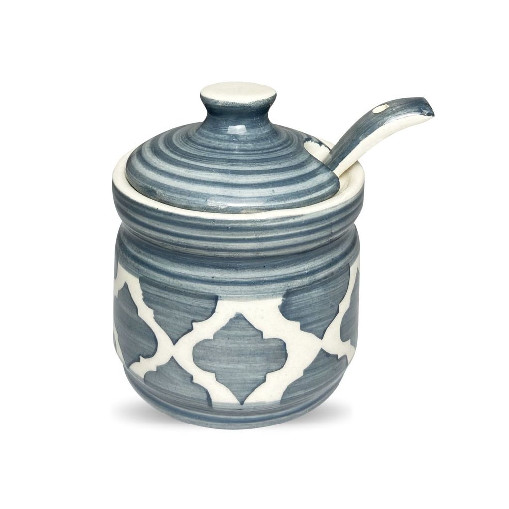 Ceramic Dining Moroccan Grey Two Pickle Ceramic Jars With Tray & Spoons