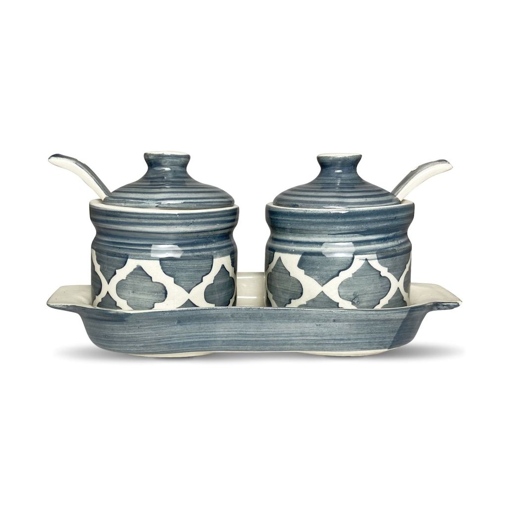 Ceramic Dining Moroccan Grey Two Pickle Ceramic Jars With Tray & Spoons