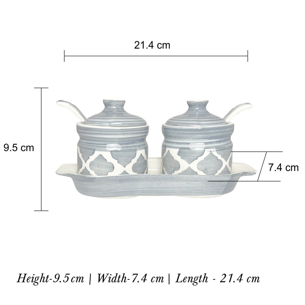 Ceramic Dining Moroccan Grey Two Pickle Ceramic Jars With Tray & Spoons