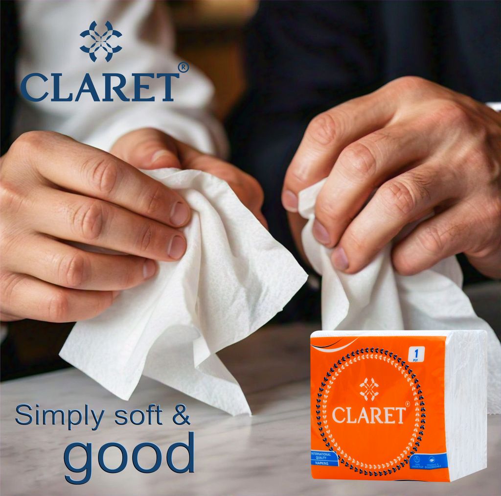 Claret 1-Ply White Paper Napkins (70 Sheets, Pack of 8, 27x30 cm) - Soft, Absorbent, Disposable Tissue Napkins for Daily Use, Cleaning and Parties