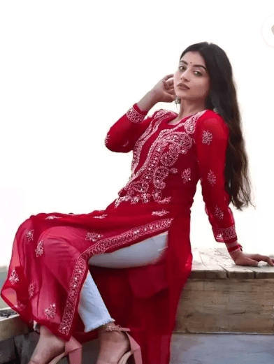 Pack of 2 Women Chikan Embroidery Georgette Straight Kurta  (Red)