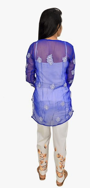 Women's Blue Chikankari Embroidered Straight Kurta with White Pants