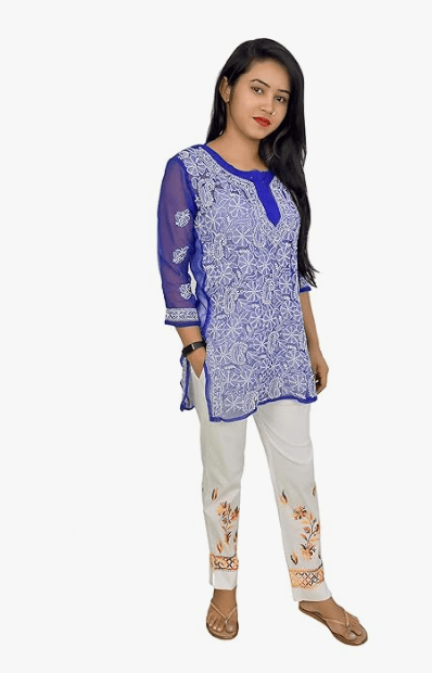 Women's Blue Chikankari Embroidered Straight Kurta with White Pants