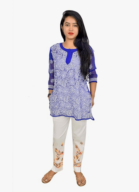 Women's Blue Chikankari Embroidered Straight Kurta with White Pants