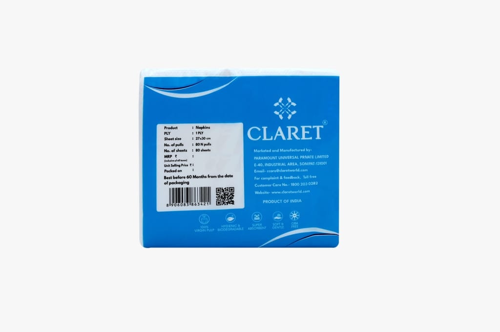 Claret 1-Ply White Paper Napkins (8 Packs, 80 Sheets Each, 640 Total Sheets, 27x30 cm) - Soft, Absorbent, Events and Everyday Use