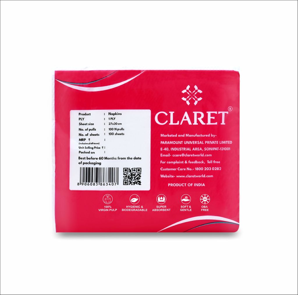 Claret 1-Ply White Napkins (5 Packs, 100 Sheets Each, 27x30 cm) - Soft, Absorbent Disposable Napkins for Kitchen Use, Parties, Events