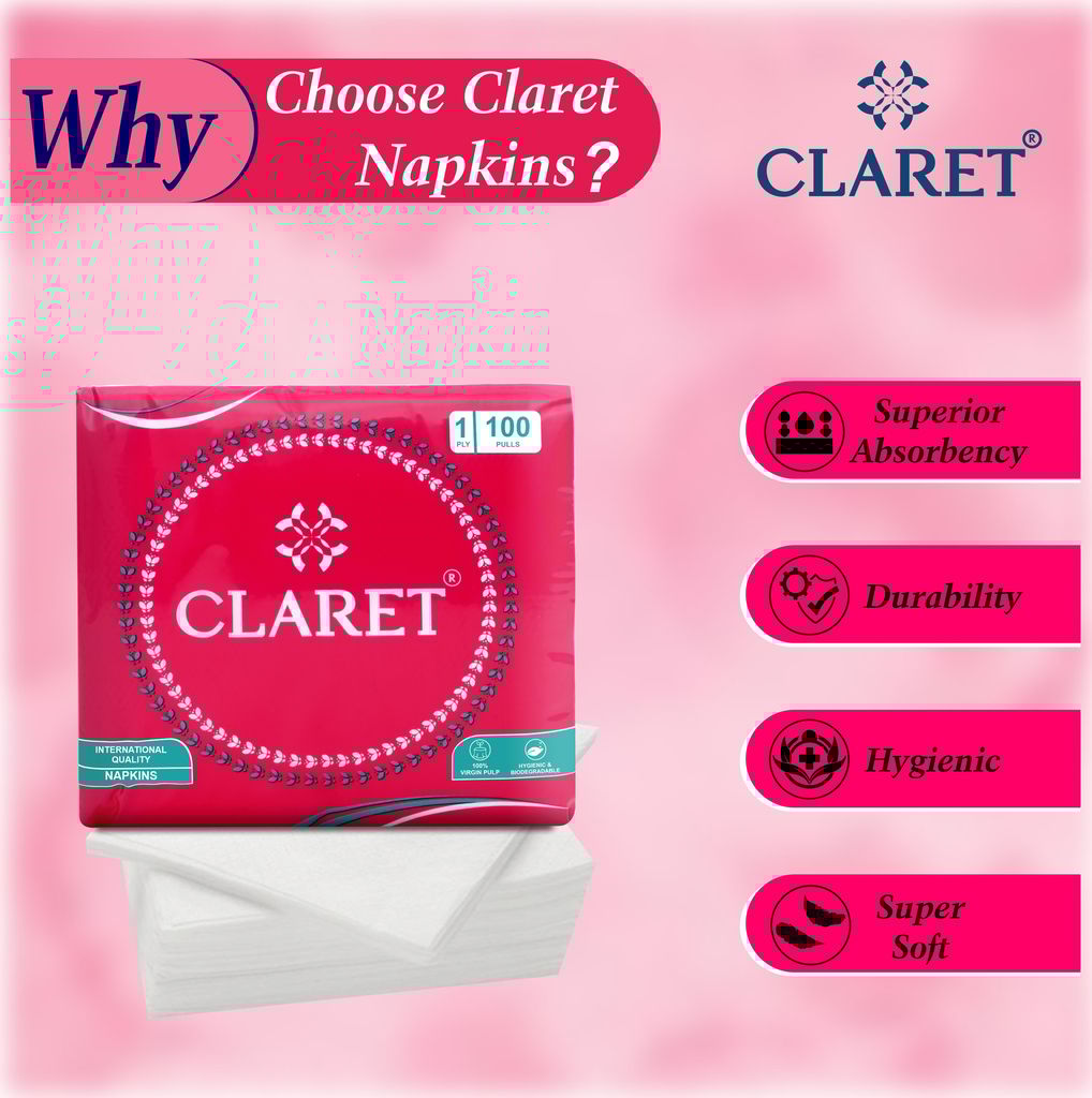 Claret 1-Ply White Napkins (5 Packs, 100 Sheets Each, 27x30 cm) - Soft, Absorbent Disposable Napkins for Kitchen Use, Parties, Events