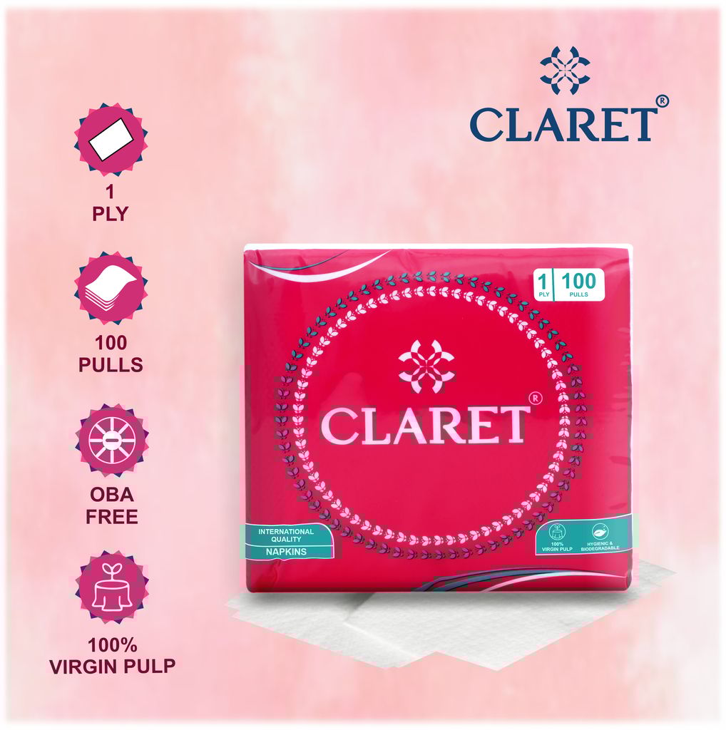 Claret 1-Ply White Napkins (5 Packs, 100 Sheets Each, 27x30 cm) - Soft, Absorbent Disposable Napkins for Kitchen Use, Parties, Events
