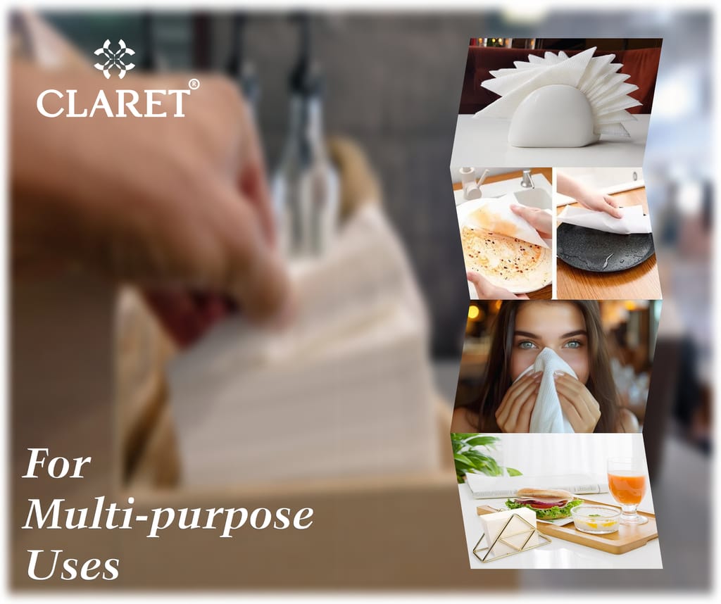 Claret 1-Ply White Napkins (5 Packs, 100 Sheets Each, 27x30 cm) - Soft, Absorbent Disposable Napkins for Kitchen Use, Parties, Events