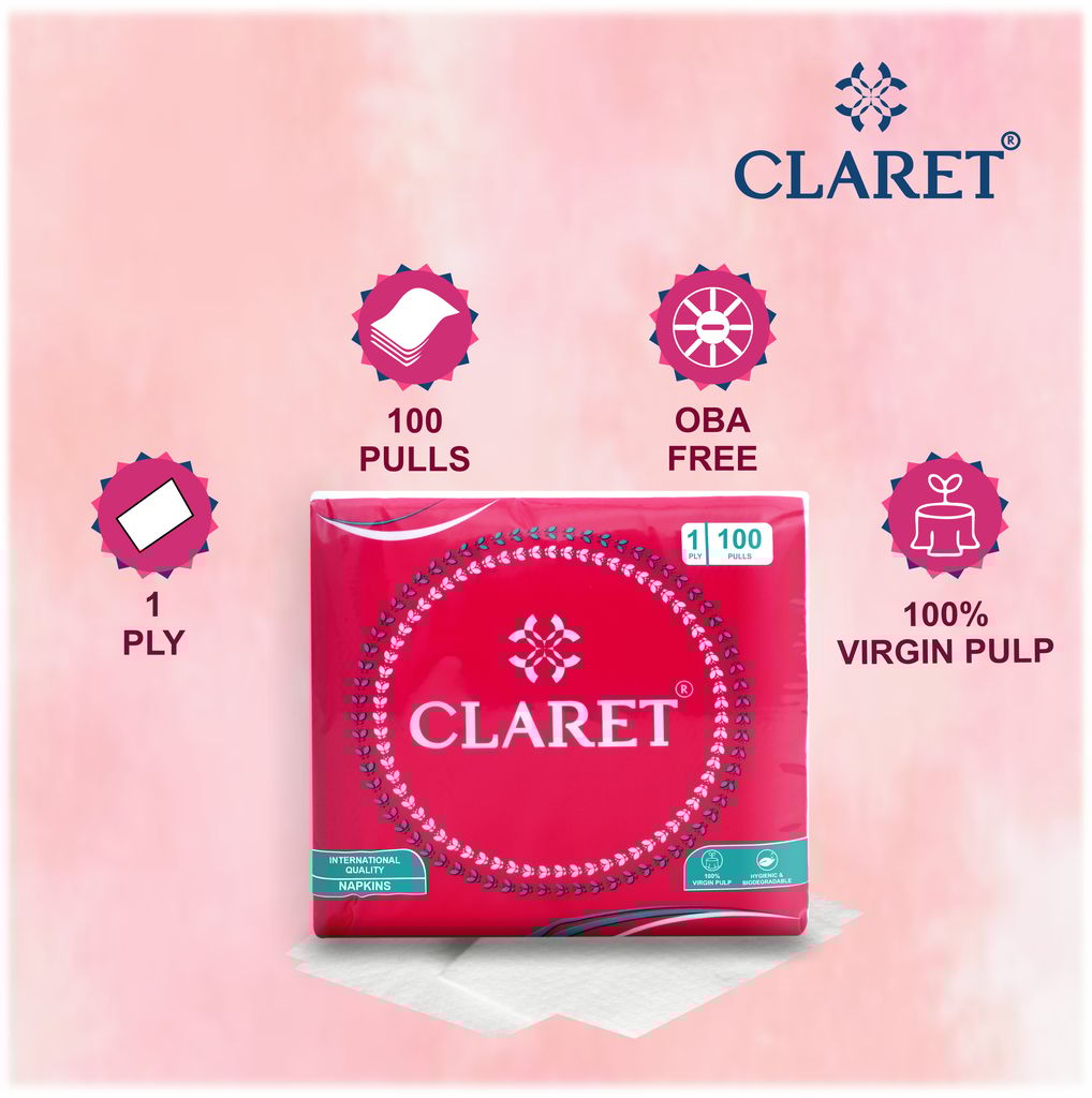 Claret 1-Ply White Napkins (5 Packs, 100 Sheets Each, 27x30 cm) - Soft, Absorbent Disposable Napkins for Kitchen Use, Parties, Events