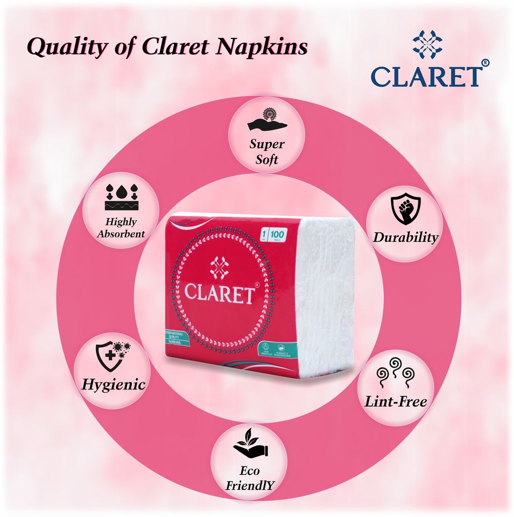 Claret 1-Ply White Napkins (5 Packs, 100 Sheets Each, 27x30 cm) - Soft, Absorbent Disposable Napkins for Kitchen Use, Parties, Events