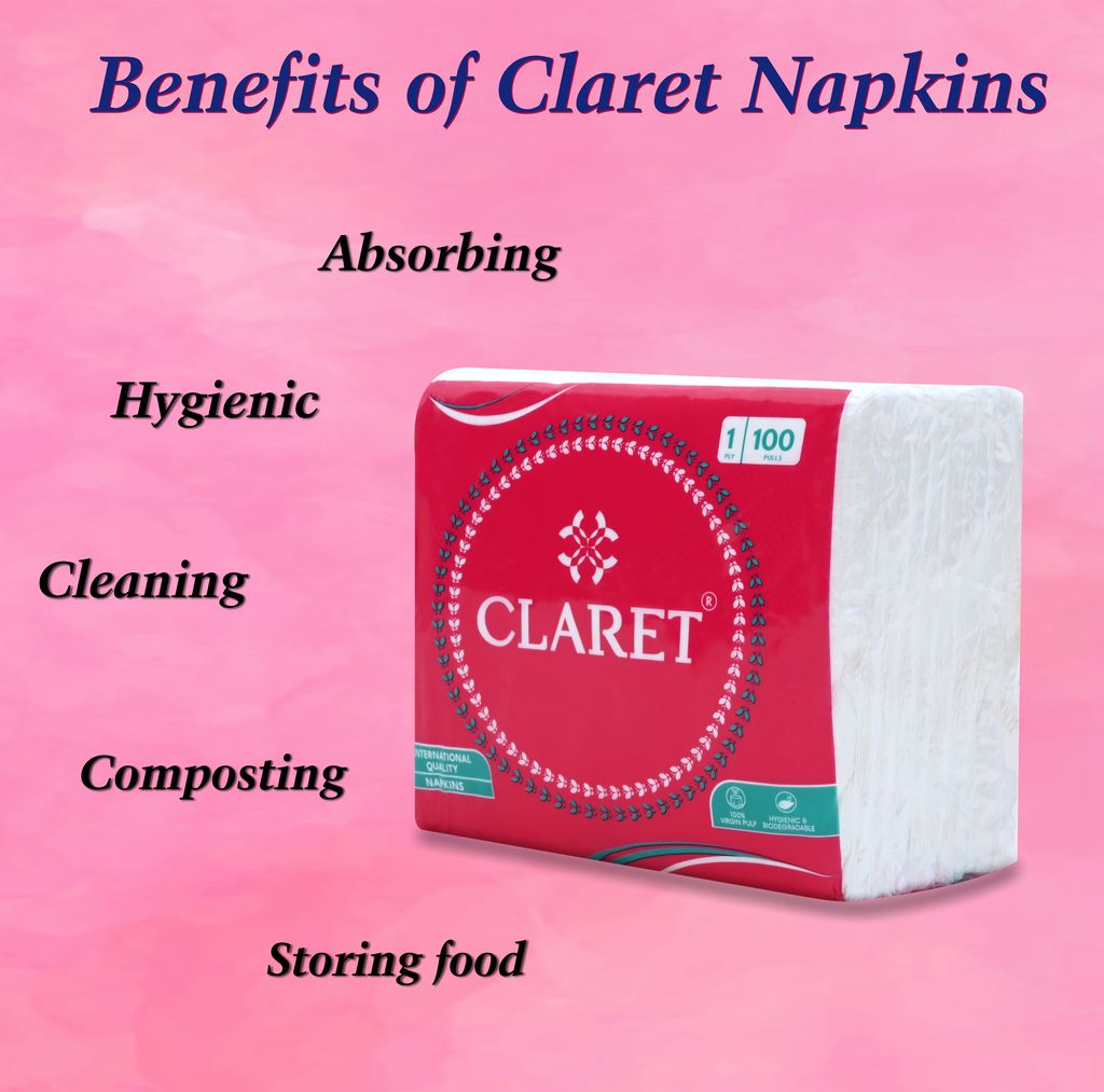 Claret 1-Ply White Napkins (5 Packs, 100 Sheets Each, 27x30 cm) - Soft, Absorbent Disposable Napkins for Kitchen Use, Parties, Events