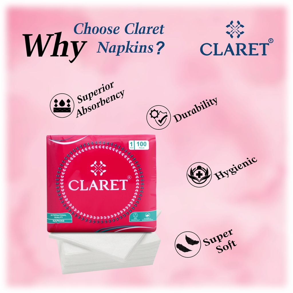Claret 1-Ply White Napkins (5 Packs, 100 Sheets Each, 27x30 cm) - Soft, Absorbent Disposable Napkins for Kitchen Use, Parties, Events