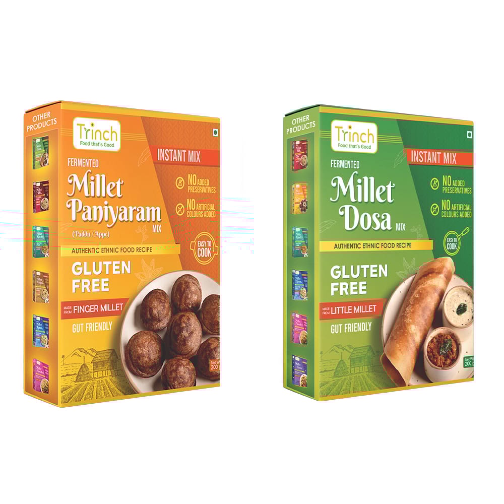Trinch Gluten Free Millet Paniyaram & Dosa Mix - Authentic Ethnic Food Recipe - No Added Preservatives or Artificial Colors - Finger Millet & Little Millet - Gut Friendly - Pack of 2