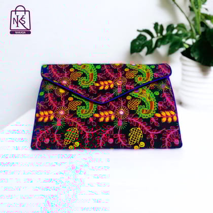 NAKASA Women's Rajasthani Handmade Embroidery Regular Blue Velvet Clutch Bag