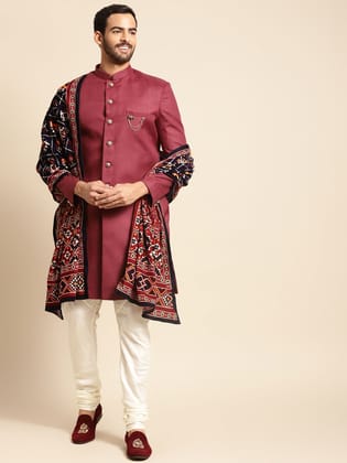 Men Maroon Solid Indowestern Churidar with Dupatta Set