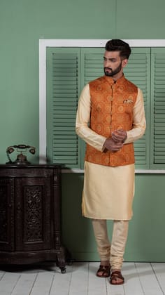 Men Orange Kurta Jacket Set