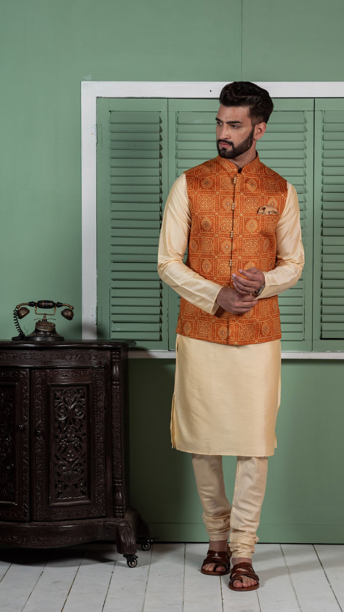 Men Orange Kurta Jacket Set
