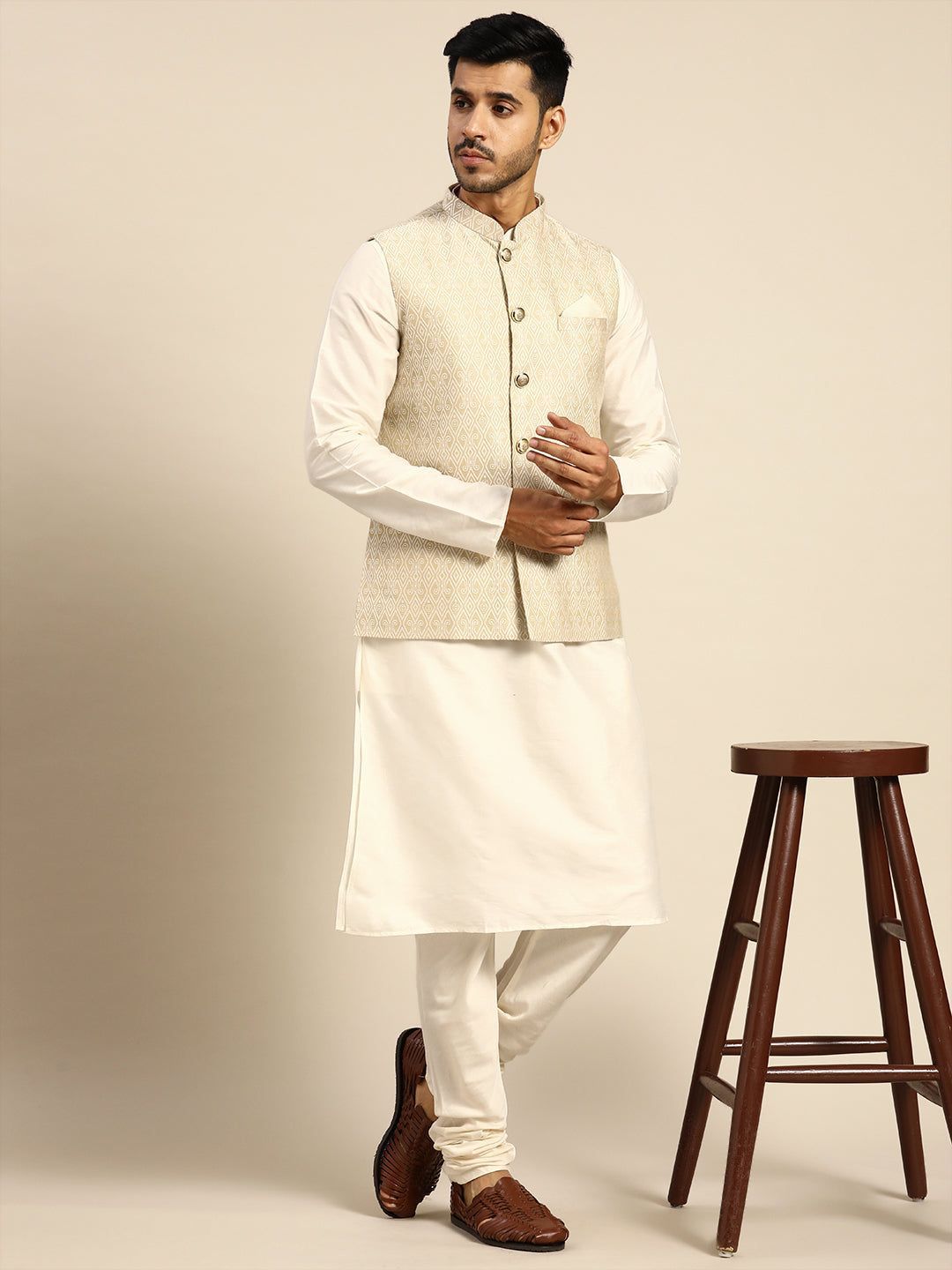Men Cream Color Kurta Jacket Set