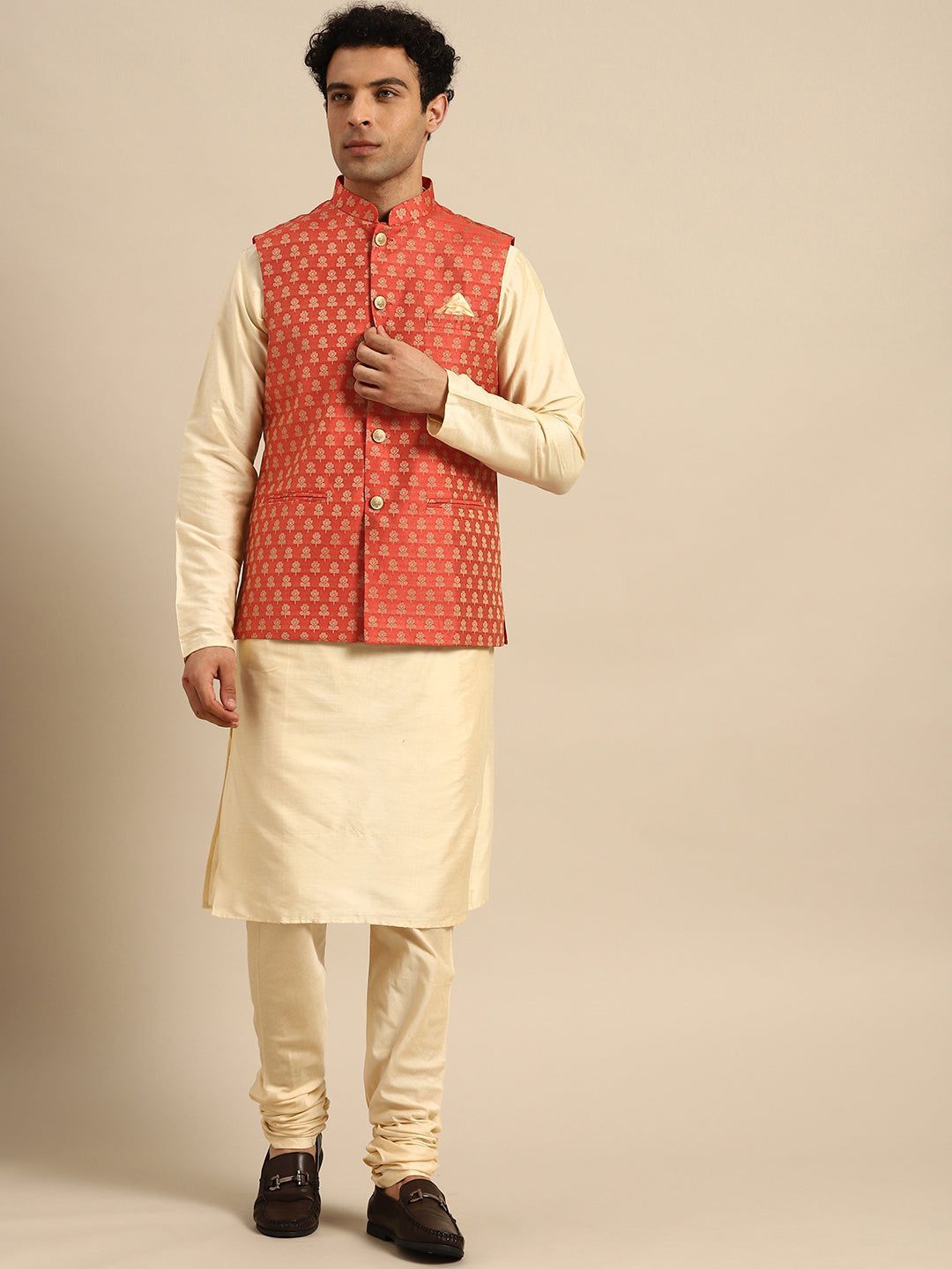 Men Red Color Kurta Jacket Set