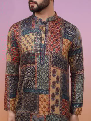 Men Navy Blue Printed Kurta Churidar Set
