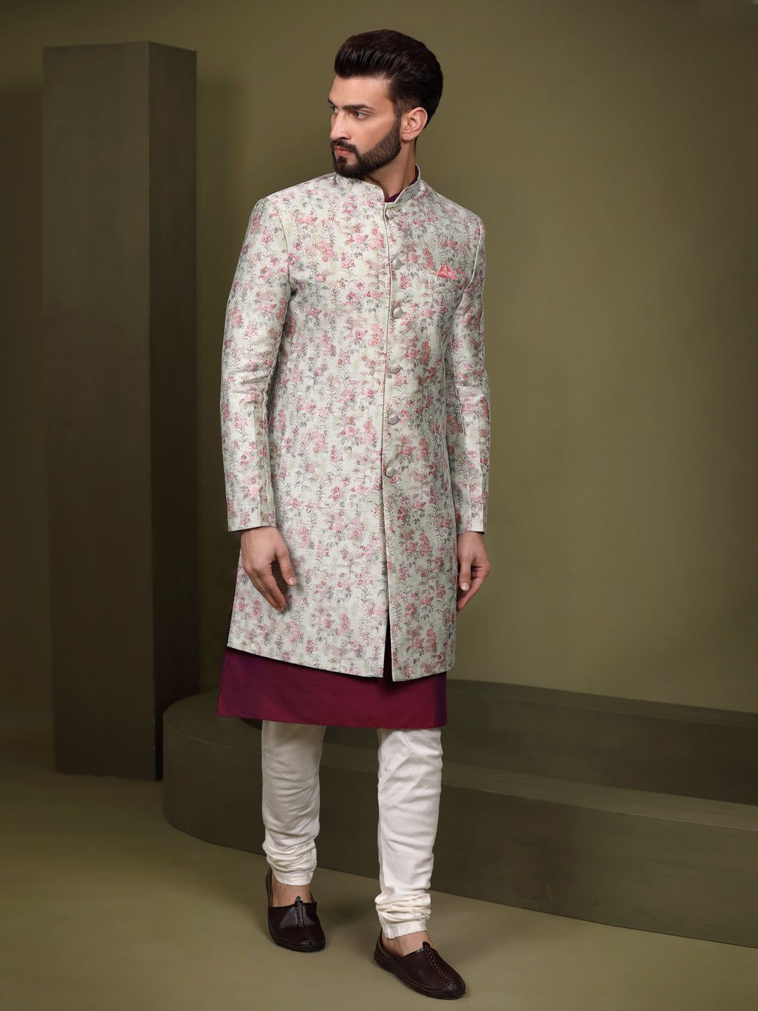 Men Multi Coloured Printed Kurta Indowestern Churidar Set