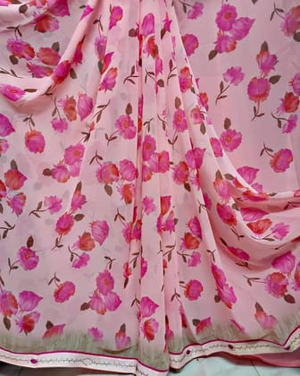 Barbie Pink Floral Georgette Saree With Border