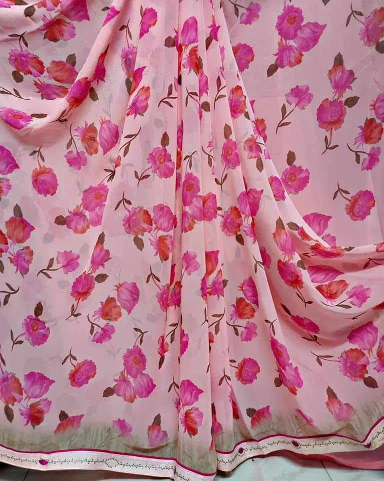 Barbie Pink Floral Georgette Saree With Border