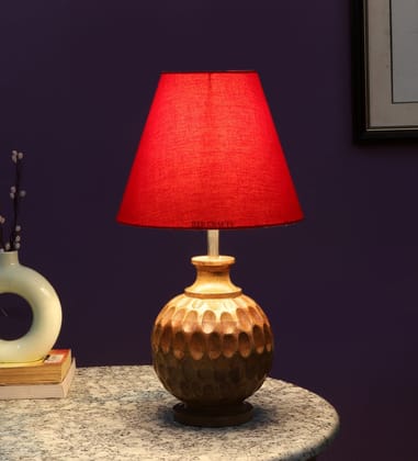 BTR CRAFTS Spotted Wooden Matki Table Lamp, Red Lampshade (Bulb Not Included)