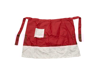 Red cotton apron with white floral print and pocket Red cotton apron with white floral print and pocket