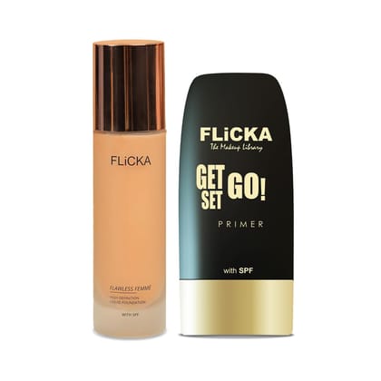 FLiCKA Primer & Flawless Femme Liquid Foundation for Face Makeup Combo 30ml each | 06 Caramel